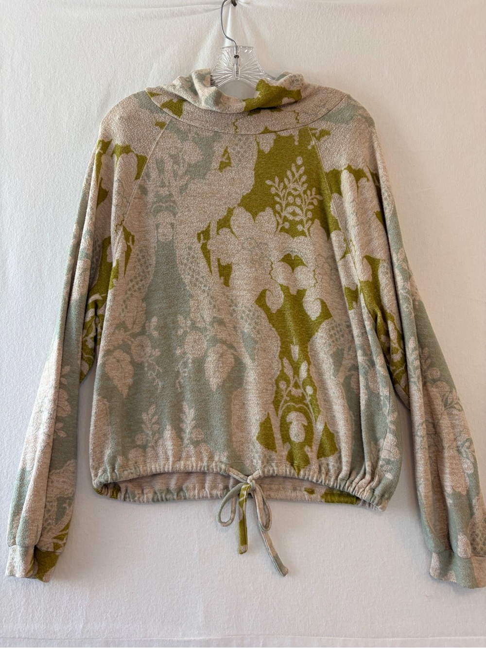 Anthropologie Light Green & Cream Patterned Cowl-Neck Drawstring Sweater